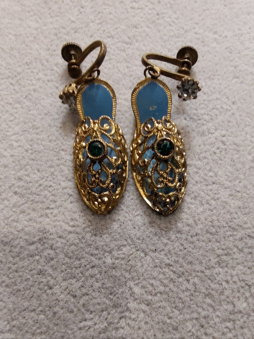 Antique Shoe Brass Filigree Enamel, Blue and Clear Rhinestone Drop Earrings 1.5"